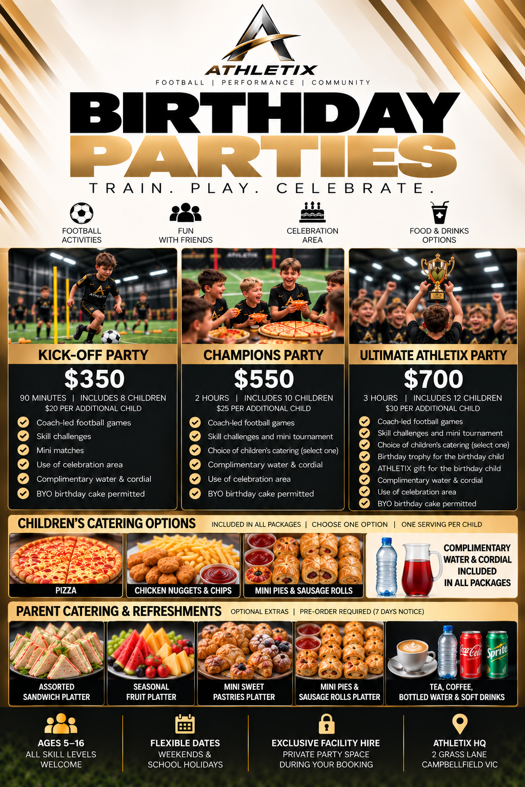ATHLETIX birthday parties: Kick-Off Party $350 for 90 minutes and 8 children; Champions Party $550 for 2 hours and 10 children; Ultimate ATHLETIX Party $700 for 3 hours and 12 children. Includes catering choices and complimentary water and cordial.