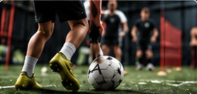 Football training with a ball on the turf